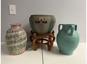 Trio Of Green Themed Beautiful Pottery Planters & Jug