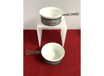 2 Lovely Porcelain Ramekins In Sterling Silver Holders