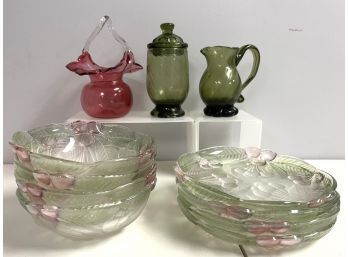 11 Pcs - Frosted Cherry Plates & Bowls, Green Swirled Cream & Sugar, Cranberry Basked Twist Handle