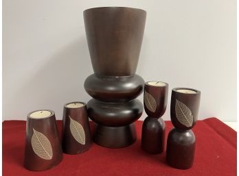 5 Pc Wood Decor Bundle - 1 Large 'Bubble' Shaped Vase & 4 Tea Light Candle Holders