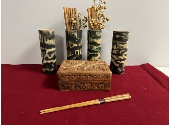 Bamboo Wood Vases, Wood Trinket Box & Chopsticks