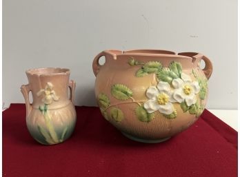 2 Roseville Pink Colored Pottery -  Iris #917 Vase & White Rose Jardiniere #653