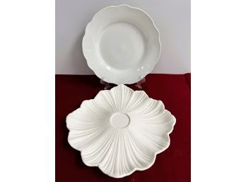 2 Pretty Bright White Floral Shaped Porcelain Serving Plates Platters - BIA Cordon Bleu Etc