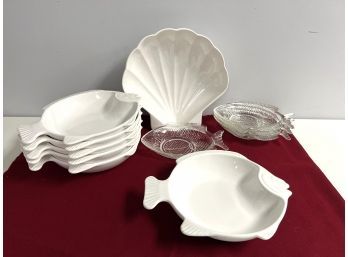 11 Pc Shell & Fish Shaped Plates - 7 White Pfaltzgraff & 4 Pressed Glass