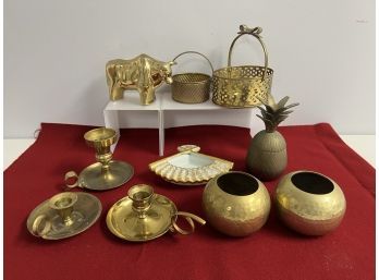 10 Pc Brass Decor Lot - Bull, Pineapple Candle  Holders Etc Thailand, India Etc