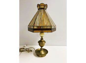 Stunning Vintage Amber Green Tiffany Style 6 Sided Shade Table Lamp