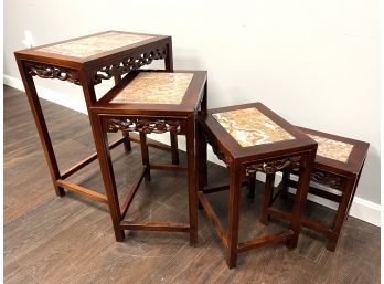 Gorgeous 4 Pc Wood & Marble Asian Nesting Tables Accent Side Tables