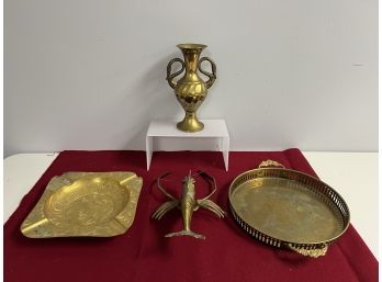 4 Pc Unique Brass Decor Bundle - Lobster, Urn Vase W/Swan Handles, Tray & Ashtray