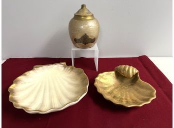 Trio Of Gold Shell Decor - Stangl Granada 22K Shell, Hampshire Pottery Shell, Brass Jar W/Shell Design