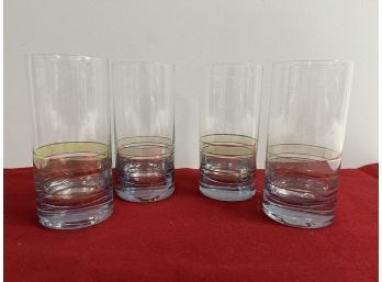 4 Art Deco Tall Glasses - Clear Glass At Top To Yellow Gold & Blue Towards Bottom