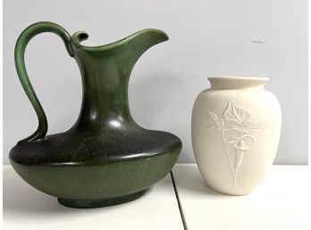 2 Stunning Pottery Pcs NH - Green Pitcher JST&Co Keene, 3D Floral On Vase Chapman Chester