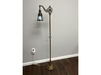 Unique Ornate Floor Lamp Brass W/Blue Slag Glass Shade & Blue Ball Accent