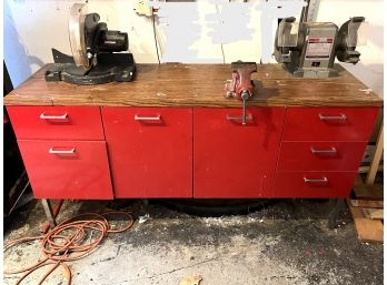 S/ Red Metal Work Bench Table W/Craftsman 13HP Bench Grinder, Vice & Circular Saw!!