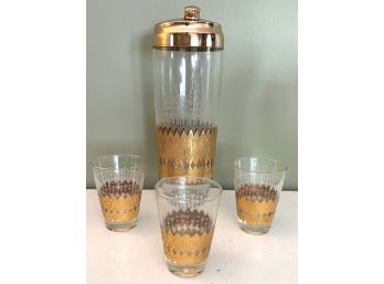 LR/ Fabulous Vintage PASINSKI Gold Cocktail Shaker & 3 Glasses