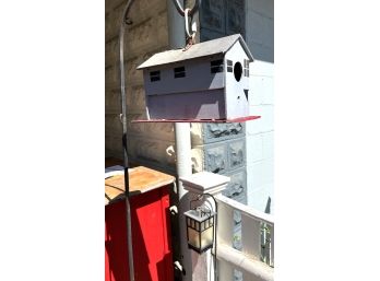 O/ Outdoor Garden Bird House & Solar Lantern Both On Shepherd's Hooks