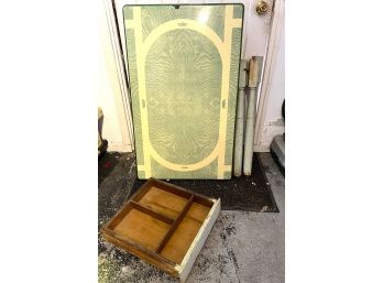 LY/ Vintage Wood Frame Green & White Enamel Metal Top Dinette Kitchen Table W/ Drawer & Leaves