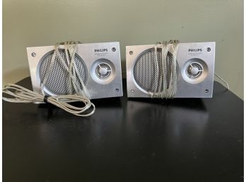 LR/ Pair Of Silver Phillips Corded Speakers W/Speaker Wire