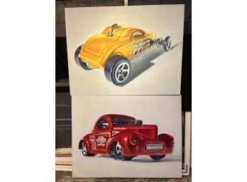 S/ Pair Of Paint On Canvas Cars - Red 'Willy's Coupe'& Yellow 'Salt Flats Coupe' By Jason Chase