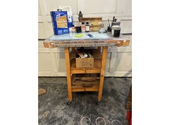 S/ Wood Artist Bench Table Cart On Wheels W/ Artist Supplies Included