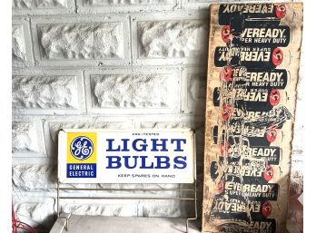 O/ 2 Cool Signs - Metal Vintage GE Lightbulb Retail Sign & Wood Painted Eveready Battery