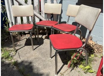 O/ 4 Bright Red & Grey Vintage Mid Century Chrome & Vinyl Diner Side Kitchen Chairs