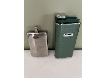 LR/ 2 Vintage Flasks - Stanley Green 8oz, Stainless 2oz W/ Cigarette Case