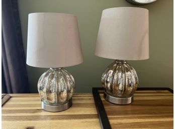 LR/ Pair Of Round Mercury Glass Accent Table Lamps W/Shades