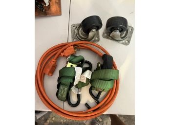 S/ 5 Pc Utility Bundle - 1 Orange Ext Cord, 2 Caster Wheels, 2 Ratchet Tie Down Straps
