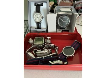 LR/ 6 Watch (Fossil, Pulsar, Timex...) & Cuff Link Bundle In A Vintage Tin Box 'Hell Box'