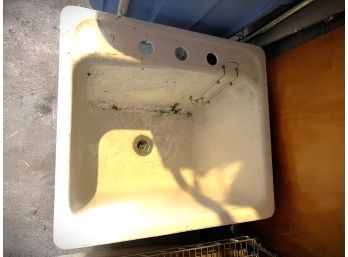 O/ Vintage White Cast Iron 3  Hole Drop In Kitchen Sink