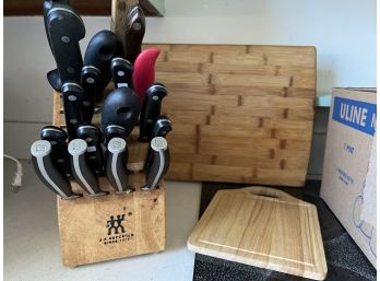 K/ Henckels Wood Knife Block & 4 Knives - Plus Other Knives & 2 Wood Cutting Boards
