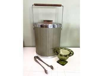LR/ Vintage Kromex Green Ice Bucket Wood Details & Small Green Depression Glass Candy Dish