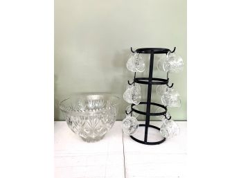 LR/ Large Pressed Glass Punch Bowl W/Sharks Tooth Rim & 12 Punch Glasses On A Black Rack
