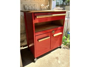 O/ Vintage Red Painted Wood Rolling Cart Work Bench Table W/1 Drawer & 2 Doors
