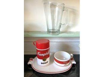 K/ 4 Pc Bundle - Glass Pitcher, Campbell's Soup Thermos, Lunch Plate &  Soup Bowl
