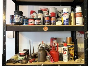 S/ 2 Shelves Of Artist's Supplies - Vintage Oil Cans, Paints, Acrylic, A Mag-Lite & More