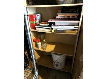 O/ White Wood 3-Shelf Book Case W/18 Books, 2 Glass Heads, 1 Airhorn, 1 White Bucket & String Lights