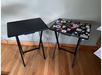 LR/ Pair Of Black Wood Folding Tray Snack Tables - 1 Plain, 1 W/Lots Of Funky Stickers