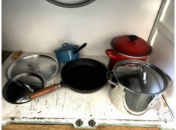 K/ Asst'd Cookware - Farberware Stainless Stock Pot, Bavarian Fry Pan, Le Creuset Red Stock Pot Etc
