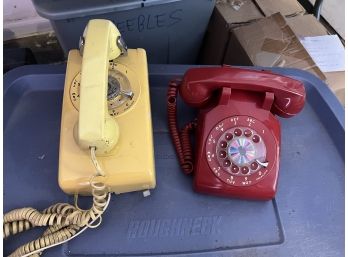 S/ 2 Vintage Bell System Rotary Phones - Yellow Wall & Red Desk Top