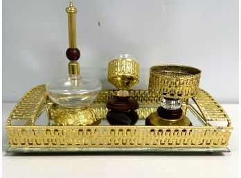 Ornate Gilded Perfume Dresser Tray W/1 Perfume Bottle & 2 Trinket Bowls/Candle Holders?