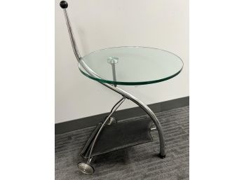 Stylish Contemporary Round Glass & Chrome Accent Table Wheels & Leather Magazine Holder