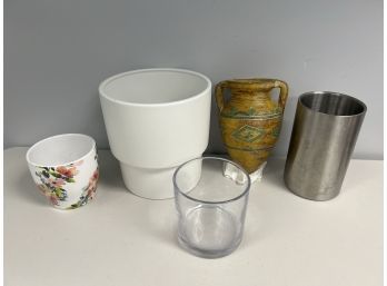 5 Pc Assorted Vase Container Bundle - Pottery, Glass, Stainless Etc