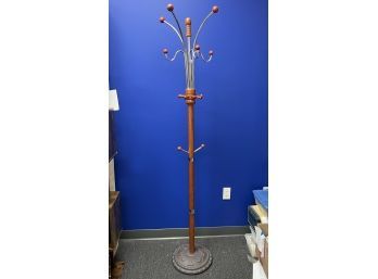 Reddish Wood & Chrome Tall Coat Tree Rack