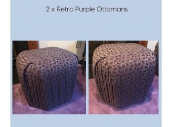 Pair Of Cool Retro Upholstered Deep Purple Leaf Motif Ottomans
