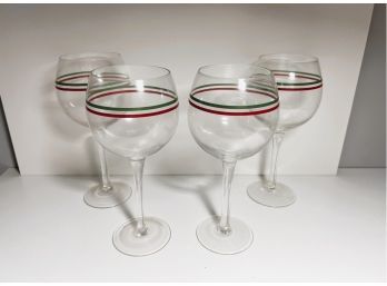 Set Of 4 Large Wine Goblets W/ Painted Red & Green Stripes
