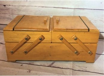 Vintage Wood Norway Strommen Bruk Hamar Fold Out Accordion Sewing Storage Box Basket
