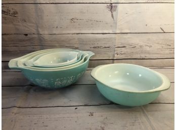 5 Turquoise And White Pyrex Bowls