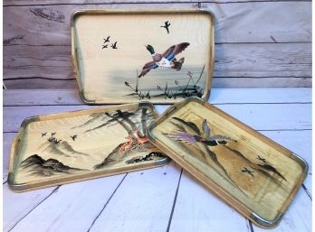 Set Of 3 Vintage 1950-60's Hand Painted Wooden Nesting Serving Trays Japan