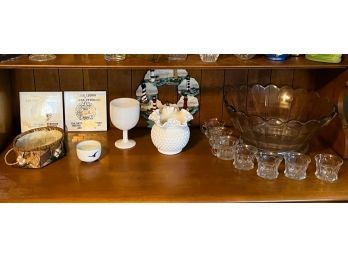 DR/ Buffet Shelf #1 - Glass Punchbowl & 7 Cups, Milk Glass, Polish Legion American Vets & More
